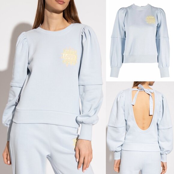 Ganni Tops - Ganni Isoli Bow Open Back Puff Sleeve Organic Cotton Sweatshirt XS Blue $215